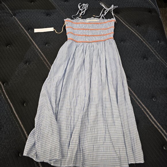 Lumière Women's Tie Shoulder Smocked Fit&Flare Blue & White Gingham Midi Dress L - Picture 11 of 12